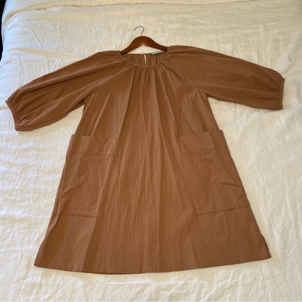 Everlane Women's Brown The Seersucker Puff Sleeve Dress Size Large